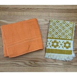 VTG Cannon/Monticello Bath & Hand Towel USA Cotton Orange Yellow White Floral